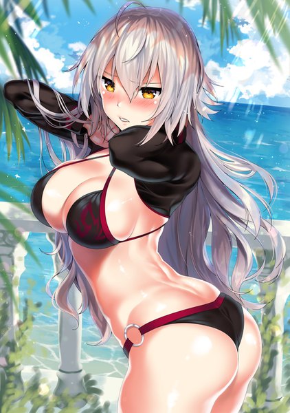 Anime picture 1020x1450 with fate (series) fate/grand order jeanne d'arc (fate) (all) jeanne d'arc alter (fate) jeanne d'arc alter (swimsuit berserker) (fate) kawai (purplrpouni) single long hair tall image looking at viewer blush fringe breasts light erotic hair between eyes large breasts standing yellow eyes sky cleavage