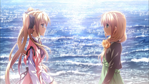 Anime picture 1278x718 with supipara amano angeline hotaru nanao naru long hair blue eyes blonde hair wide image twintails multiple girls green eyes game cg girl 2 girls sundress