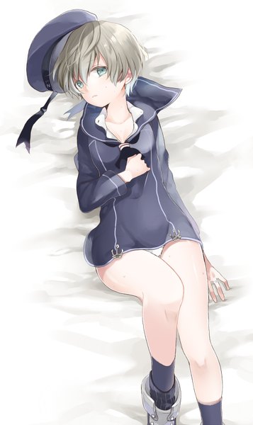 Anime picture 500x839 with kantai collection z1 destroyer (leberecht maass) sunagimomo single tall image looking at viewer blush short hair light erotic bent knee (knees) lying aqua eyes from above grey hair hat removed girl underwear panties hat white panties