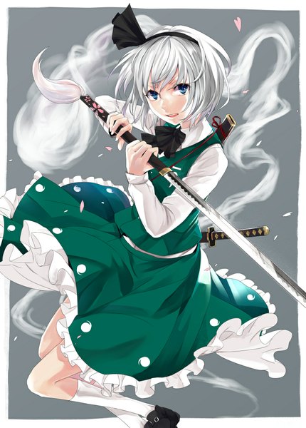 Anime picture 800x1116 with touhou konpaku youmu kazabana fuuka single tall image looking at viewer short hair open mouth blue eyes simple background silver hair grey background border girl skirt bow weapon hair bow petals sword