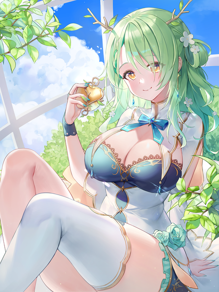 Anime picture 1500x2000 with virtual youtuber hololive hololive english ceres fauna ceres fauna (1st costume) laevan single long hair tall image looking at viewer blush fringe breasts light erotic smile large breasts sitting holding yellow eyes payot