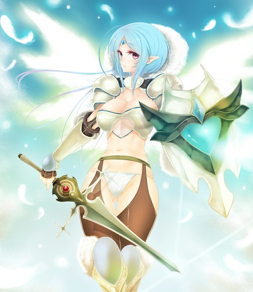 Anime picture 1000x1154 with fuya (tempupupu) single long hair tall image breasts light erotic large breasts blue hair pink eyes pointy ears girl navel underwear panties weapon sword wings feather (feathers) shield