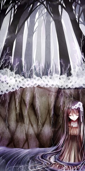 Anime picture 2000x4000 with original ryaku-ko (artist) single tall image highres black hair eyes closed very long hair girl dress plant (plants) tree (trees) water wreath