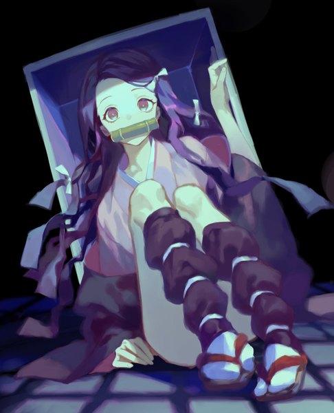 Anime picture 750x925 with kimetsu no yaiba ufotable kamado nezuko yamakawa single long hair tall image looking at viewer simple background sitting purple eyes holding purple hair full body traditional clothes japanese clothes pink eyes off shoulder shadow mouth hold