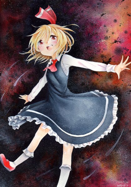 Anime picture 1047x1500 with touhou rumia mosho single tall image blush short hair open mouth blonde hair red eyes signed looking up spread arms traditional media watercolor (medium) girl dress ribbon (ribbons) hair ribbon socks