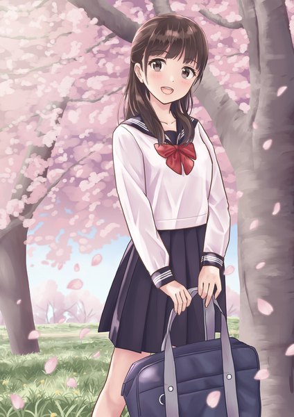 Anime picture 1024x1449 with original yukimaru217 single long hair tall image looking at viewer fringe open mouth smile brown hair holding brown eyes outdoors pleated skirt cherry blossoms happy half updo girl skirt uniform