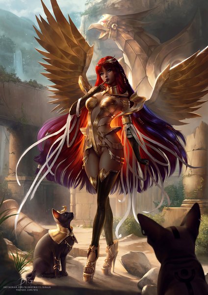 Anime picture 1358x1920 with yu-gi-oh! mythology egyptian mythology the winged dragon of ra blondynkitezgraja single long hair tall image fringe breasts blue eyes light erotic standing signed looking away sky full body outdoors red hair blunt bangs
