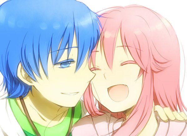 Anime picture 1100x800 with angel beats! key (studio) yui (angel beats!) hinata hideki long hair short hair open mouth blue eyes smile white background blue hair pink hair couple happy