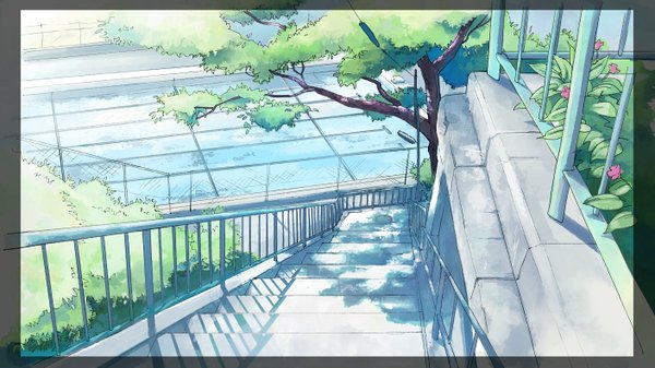 Anime picture 1407x791 with original gom jabbar wide image sunlight no people flower (flowers) plant (plants) tree (trees) stairs