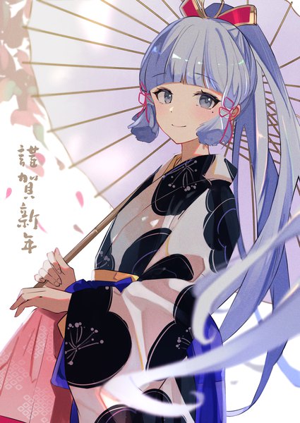 Anime picture 2508x3541 with genshin impact kamisato ayaka yui 4293 single long hair tall image looking at viewer fringe highres smile silver hair blunt bangs traditional clothes japanese clothes mole grey eyes mole under eye new year nengajou girl
