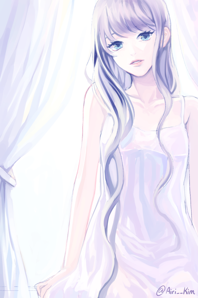 Anime picture 600x900 with original yuari kim single long hair tall image looking at viewer fringe blue eyes simple background white background bare shoulders signed silver hair parted lips head tilt arm support twitter username girl dress white dress