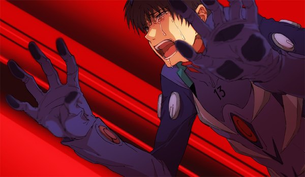 Anime picture 1054x612 with neon genesis evangelion rebuild of evangelion evangelion: 2.0 you can (not) advance end of evangelion gainax ikari shinji single fringe short hair open mouth black hair wide image looking away red background crying screaming boy bodysuit hands pilot suit
