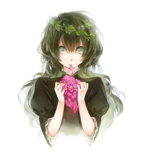 Anime picture 1400x1450 with original kannnonakanoyume single long hair tall image looking at viewer fringe simple background white background holding green hair wide sleeves grey eyes mouth hold wavy hair girl flower (flowers) plant (plants) petals frills