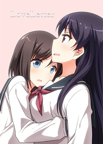 Anime picture 648x906 with saki onjouji toki shimizudani ryuuka umekichi long hair tall image fringe short hair open mouth light erotic black hair simple background red eyes brown hair purple eyes multiple girls long sleeves grey eyes hug shoujo ai