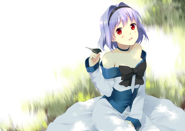 Anime picture 1920x1358 with tokyo underground studio pierrot sarasa ruri yoshino ryou looking at viewer blush highres short hair open mouth red eyes bare shoulders blue hair girl dress bow animal hairband bowtie bird (birds)