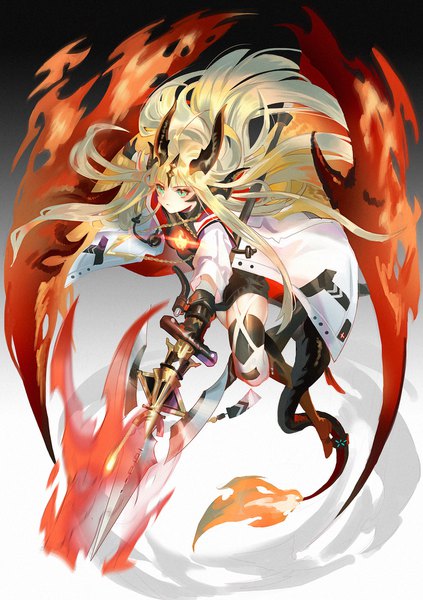 Anime picture 1410x2000 with arknights reed (arknights) samo (shichun samo) single long hair tall image blonde hair green eyes looking away full body tail horn (horns) slit pupils expressionless dragon girl dragon tail aura girl weapon spear