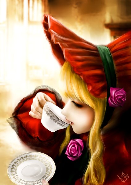 Anime picture 1257x1778 with rozen maiden shinku jinrouyifan single long hair tall image fringe blonde hair sitting holding signed indoors eyes closed parted lips profile sunlight realistic wide sleeves dated lolita fashion