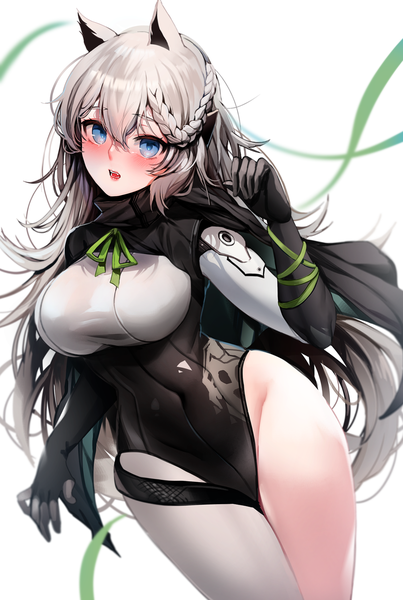 Anime picture 1400x2082 with girls frontline ksvk (girls frontline) zerocat single long hair tall image looking at viewer blush fringe breasts open mouth blue eyes light erotic simple background hair between eyes large breasts white background animal ears silver hair braid (braids)