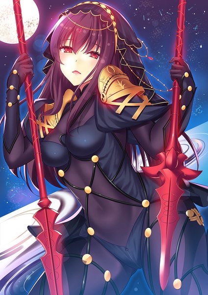 Anime picture 827x1169 with fate (series) fate/grand order scathach (fate) (all) scathach (fate) majin (kiidoumajin) single long hair tall image blush breasts open mouth light erotic red eyes purple hair night girl gloves weapon black gloves