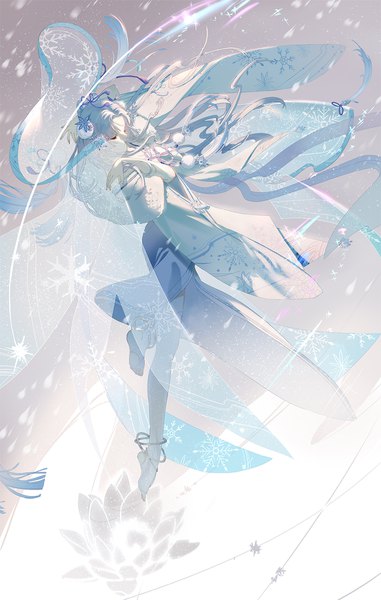 Anime picture 1100x1729 with miracle nikki xiayu93 single long hair tall image full body bent knee (knees) white hair eyes closed long sleeves wind wide sleeves arms up no shoes fur trim turning head snowing soles pale skin glow