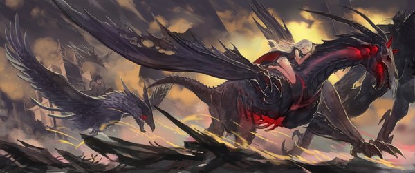 Anime picture 4297x1800 with original pixiv fantasia pixiv fantasia fallen kings quaanqin long hair highres black hair red eyes wide image yellow eyes white hair bare legs girl dress wings dragon castle