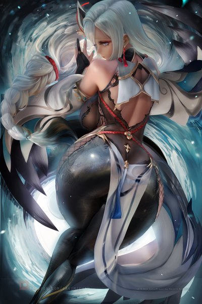 Anime picture 2400x3600 with genshin impact shenhe (genshin impact) sakimichan single long hair tall image looking at viewer fringe highres breasts blue eyes light erotic large breasts bare shoulders silver hair ass braid (braids) nail polish looking back fingernails