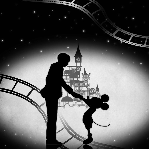 Anime picture 1234x1234 with disney real life mickey mouse walt disney harada miyuki profile outstretched arm holding hands silhouette boy star (stars) castle