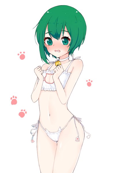 Anime picture 600x900 with touhou shikieiki yamaxanadu saple single tall image blush fringe short hair open mouth light erotic simple background hair between eyes standing white background bare shoulders green eyes ahoge green hair bare belly bare legs