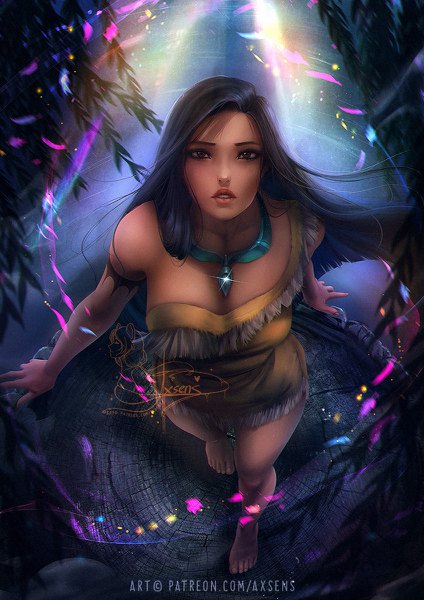 Anime picture 848x1200 with pocahontas disney pocahontas (character) axsen single long hair tall image looking at viewer breasts black hair large breasts standing bare shoulders brown eyes signed parted lips barefoot from above lips realistic