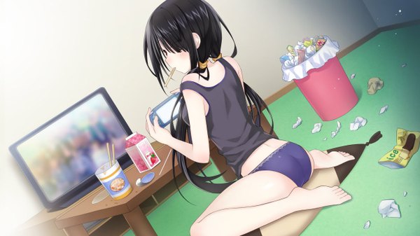Anime picture 1280x720 with date a live tokisaki kurumi tsunako single long hair looking at viewer blush fringe light erotic black hair red eyes wide image sitting twintails holding game cg looking back blurry hair over one eye dutch angle