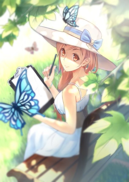 Anime picture 2480x3507 with original baise fangjianta single long hair tall image looking at viewer highres blonde hair smile sitting bare shoulders holding brown eyes looking back girl dress bow hat bracelet white dress