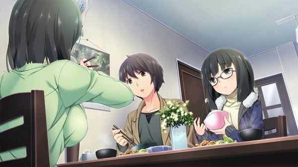 Anime picture 1280x720 with tsuisou no augment hinasaki you short hair blue eyes black hair wide image multiple girls game cg eating girl boy 2 girls glasses food