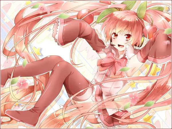Anime picture 1152x864 with vocaloid hatsune miku sakura miku sakuragi ren single long hair open mouth red eyes twintails red hair cherry blossoms spread arms girl thighhighs black thighhighs detached sleeves petals leaf (leaves)