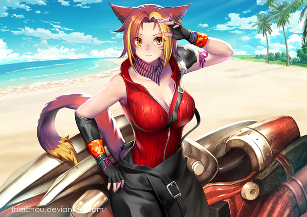 Anime-Bild 1024x724 mit final fantasy final fantasy xiv square enix miqo'te riiya (mabong1989) single looking at viewer short hair breasts brown hair large breasts standing signed animal ears yellow eyes sky cleavage cloud (clouds) outdoors tail