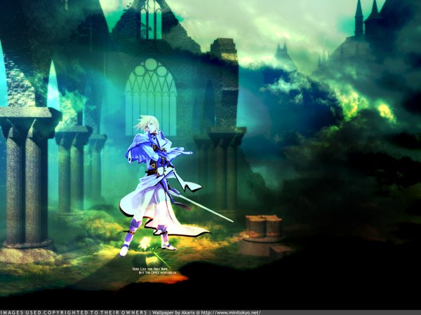 Anime picture 1600x1200 with guilty gear ky kiske short hair blonde hair cloud (clouds) wind landscape ruins boy weapon sword rose (roses) katana