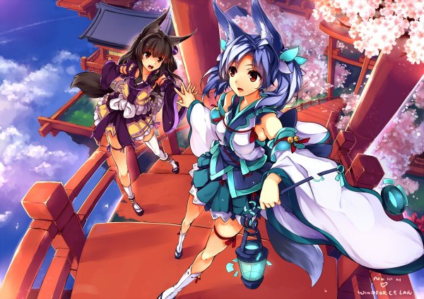 Anime picture 1200x848 with original windforcelan long hair open mouth black hair red eyes multiple girls animal ears blue hair tail traditional clothes japanese clothes animal tail girl 2 girls detached sleeves