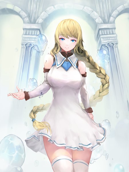 Anime picture 3000x4000 with original crystalherb single long hair tall image looking at viewer fringe highres breasts blue eyes blonde hair smile hair between eyes standing bare shoulders braid (braids) long sleeves zettai ryouiki single braid girl