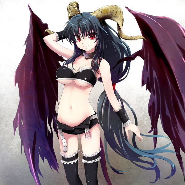 Anime picture 2000x2000 with original grune single long hair highres breasts light erotic black hair smile red eyes horn (horns) demon girl girl wings
