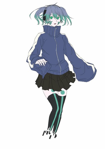 Anime picture 752x1063 with kagerou project shaft (studio) ene (kagerou project) seirei911 single long hair tall image looking at viewer fringe open mouth simple background white background twintails green eyes blue hair long sleeves pleated skirt wide sleeves girl thighhighs