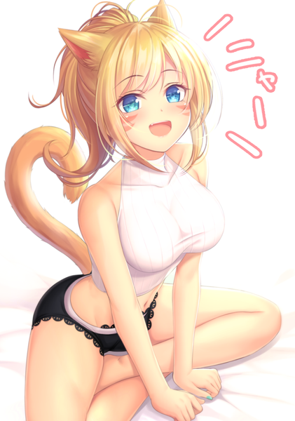 Anime picture 760x1084 with final fantasy final fantasy xiv square enix miqo'te tiphereth single long hair tall image looking at viewer blush fringe breasts open mouth blue eyes light erotic blonde hair simple background smile large breasts white background