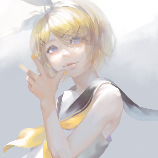 Anime picture 1200x1200 with vocaloid kagamine rin satomatoma single looking at viewer short hair blue eyes simple background blonde hair upper body nail polish lips grey background sleeveless sailor collar yellow nail polish girl bow hair bow