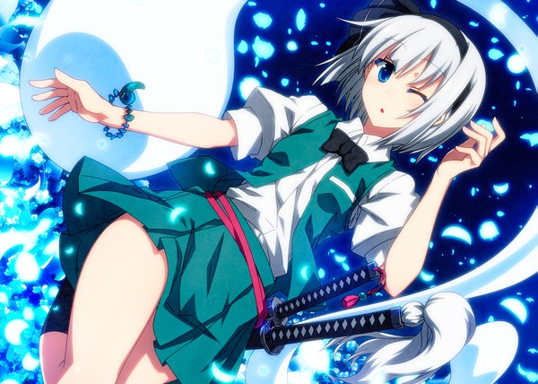 Anime picture 1679x1200 with touhou konpaku youmu myon sazanami mio single short hair blue eyes silver hair one eye closed night ghost girl dress skirt weapon miniskirt petals sword socks bracelet