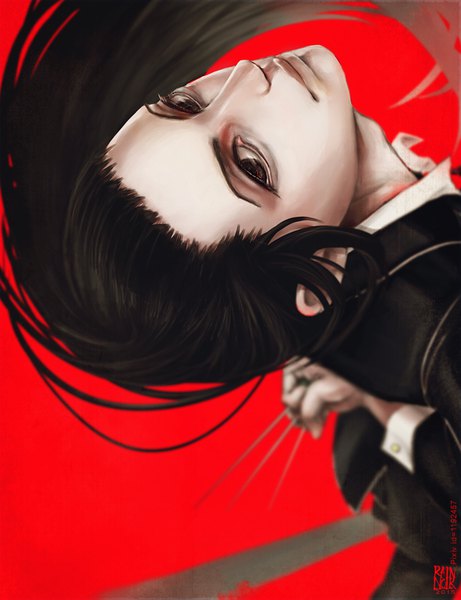 Anime picture 960x1248 with hunter x hunter illumi zoldyck rainnoir single long hair tall image looking at viewer black hair simple background holding signed upper body long sleeves from above black eyes blurry inscription floating hair text portrait