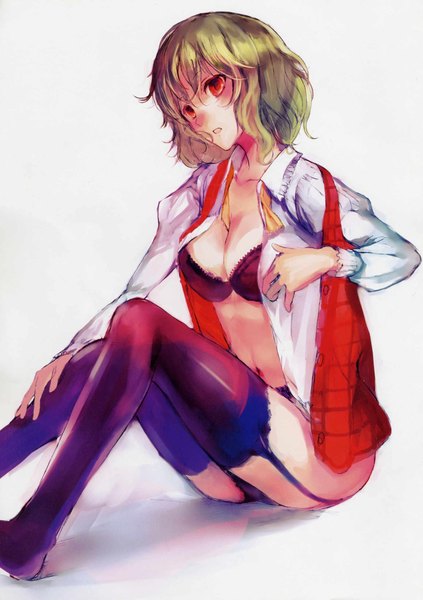 Anime picture 1580x2241 with touhou kazami yuuka nokishita single tall image blush short hair light erotic red eyes white background sitting green hair girl thighhighs underwear black thighhighs shirt