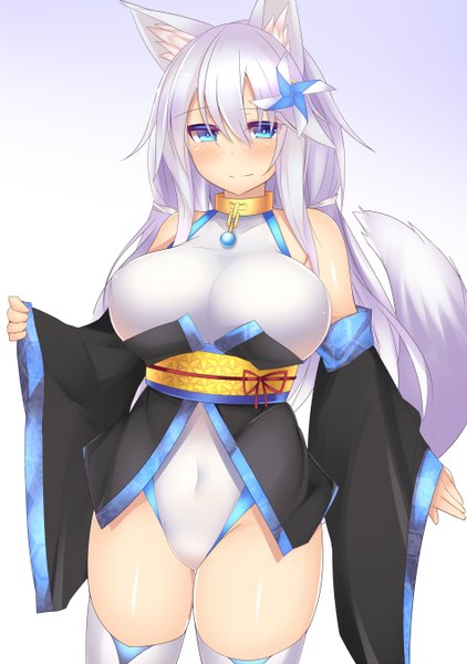 Anime picture 950x1350 with original mizu aoi kutan single long hair tall image fringe breasts blue eyes light erotic simple background large breasts twintails animal ears silver hair tail animal tail embarrassed fox ears low twintails