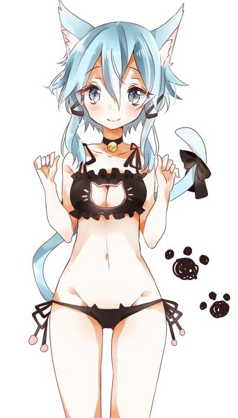 Anime picture 640x1121 with sword art online a-1 pictures asada shino chima (fusigiko) tall image looking at viewer fringe breasts blue eyes light erotic smile hair between eyes standing animal ears blue hair tail animal tail cat ears bare belly cat girl
