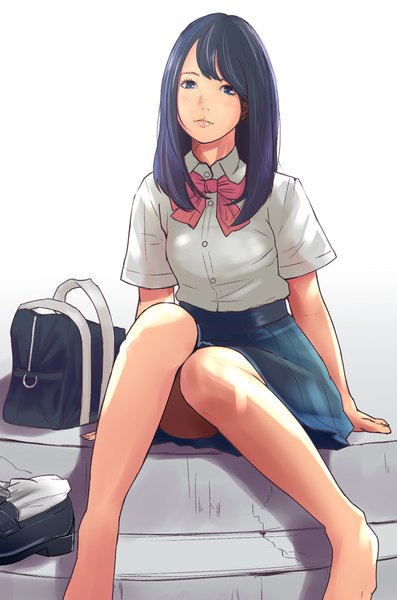 Anime picture 1206x1821 with original iwanishi single long hair tall image looking at viewer blush fringe blue eyes light erotic black hair simple background sitting bent knee (knees) pantyshot lipstick shiny skin hands behind back shoes removed knees together feet apart