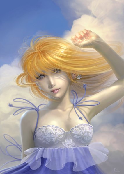 Anime picture 1065x1500 with original natsuki-3 (artist) long hair tall image blue eyes blonde hair bare shoulders sky cloud (clouds) lips realistic armpit (armpits) light girl dress earrings