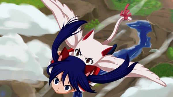 Anime picture 3840x2160 with fairy tail wendy marvell charle (fairy tail) iitheluciferii long hair highres blue eyes wide image twintails brown eyes blue hair absurdres sky cloud (clouds) coloring flying river girl ribbon (ribbons) animal