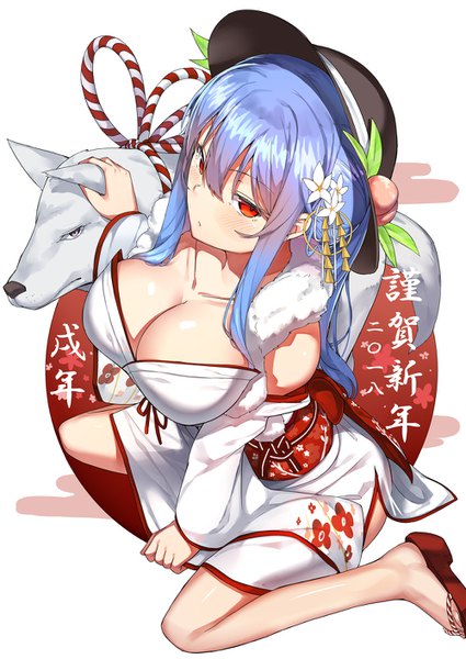 Anime picture 1000x1412 with touhou hinanawi tenshi neropaso single long hair tall image looking at viewer blush fringe breasts light erotic hair between eyes red eyes large breasts sitting blue hair bent knee (knees) traditional clothes japanese clothes alternate costume